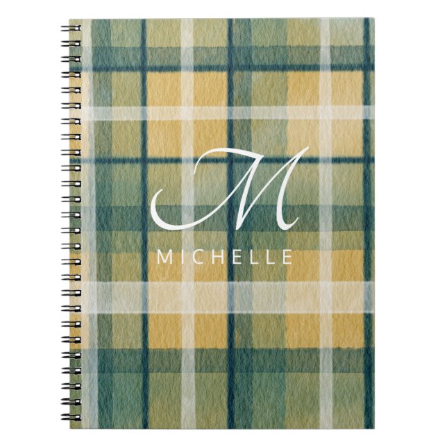 Monogram Yellow Green Plaid Spiral Notebook (Front)