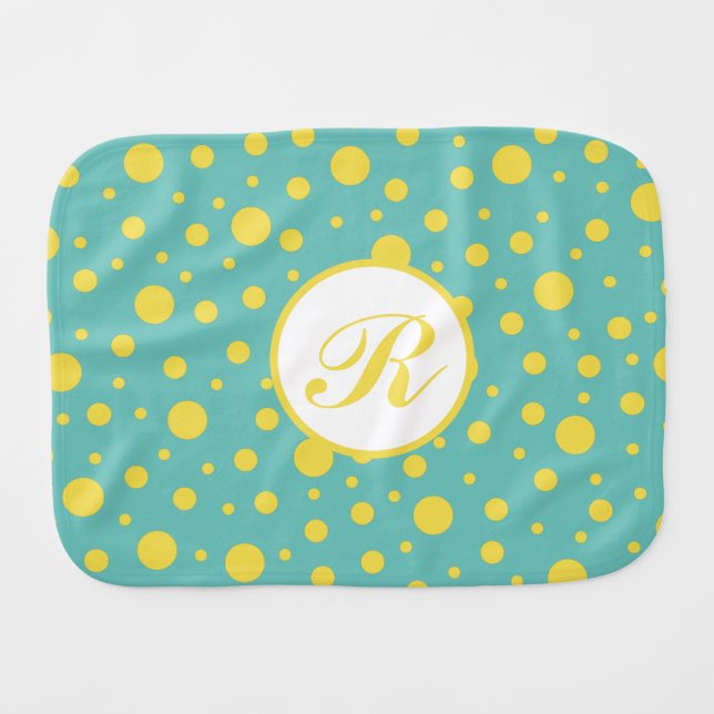 Monogram Yellow Green Polka Dot Pattern Baby Burp Cloth (Front Horizontal)