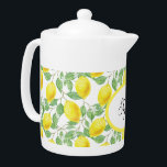 Monogram Yellow Lemon Pattern Country Style Teapot<br><div class="desc">Accent the decor or your home with this country styled monogram teapot. This teapot features a cheerful lemon citrus print with green leaves on a white background.</div>
