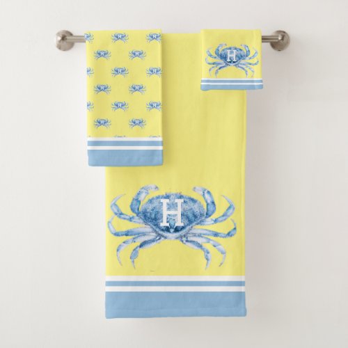 Monogram Yellow n  Blue Watercolor Crab Nautical Bath Towel Set
