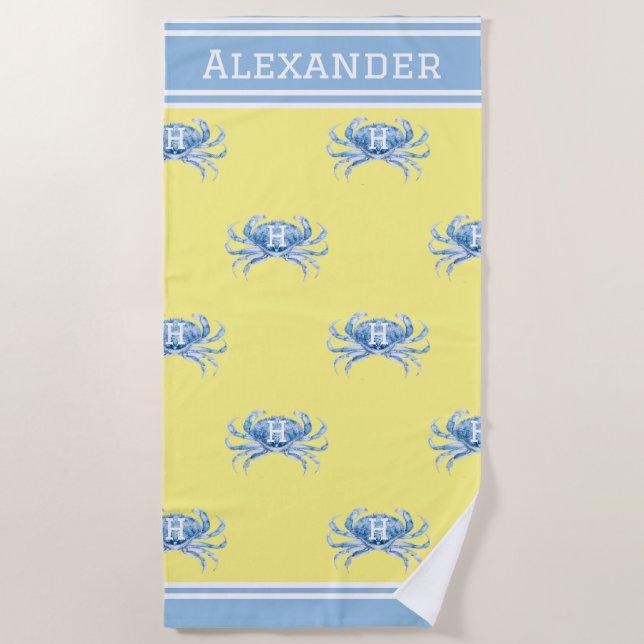 Monogram Yellow n  Blue Watercolor Crab Nautical Beach Towel (Front)