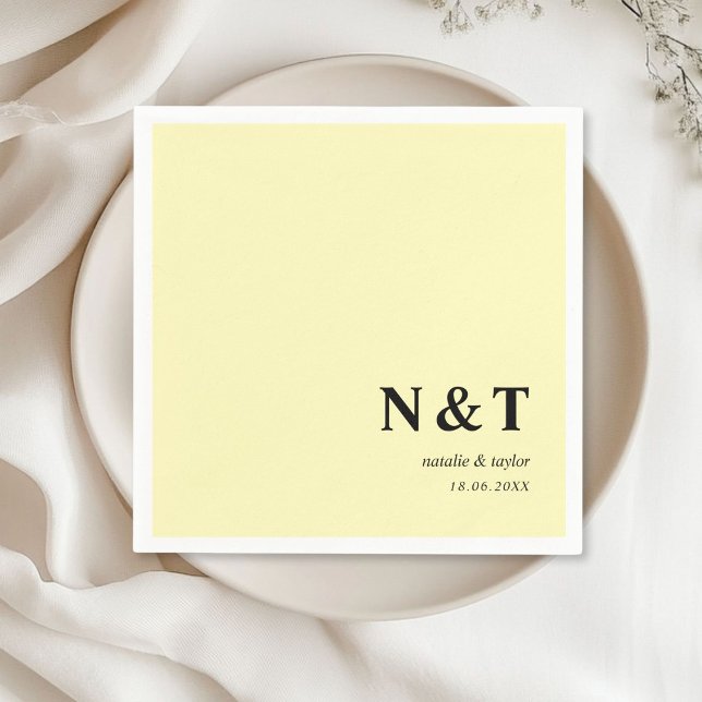 Monogram yellow napkins (Monogram, modern, simple, elegant napkins, blush-pink with your names and date.)