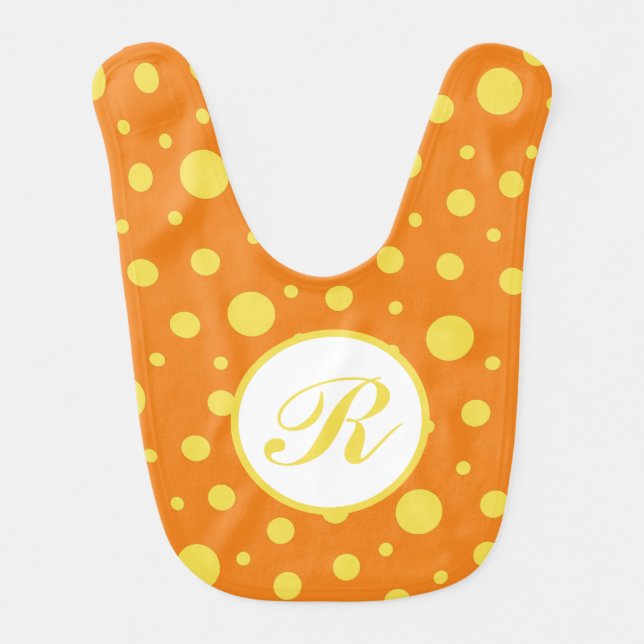 Monogram Yellow Orange Polka Dot Pattern Baby Bib (Front)