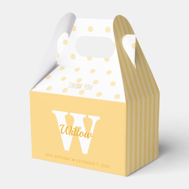 Monogram Yellow Polka Dots Stripes Gable Favor Box (Front Side)