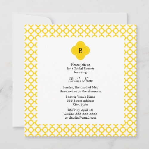 Monogram Yellow Quatrefoil Pattern   Bridal Shower Invitation