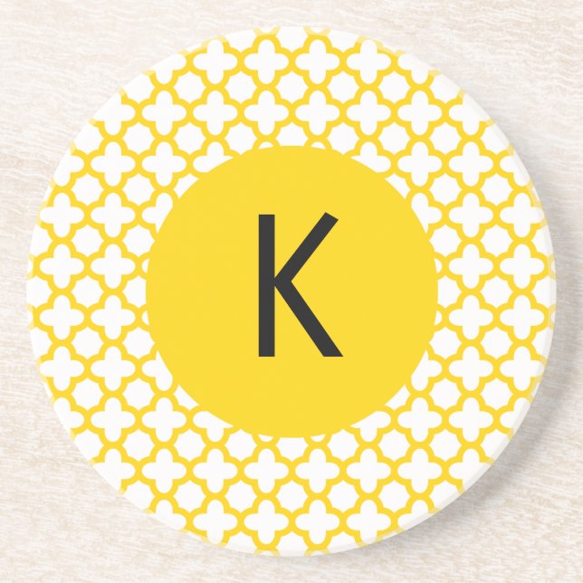 Monogram Yellow Quatrefoil Pattern Sandstone Coaster (Front)
