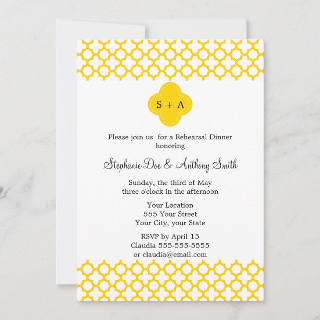 Monogram Yellow Quatrefoil Pattern Wedding Invitation (Front)