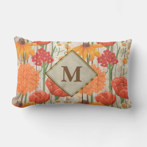 Monogram Yellow Red Orange Floral Rustic Wood Lumbar Pillow