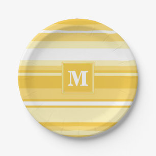Monogram yellow stripes paper plates