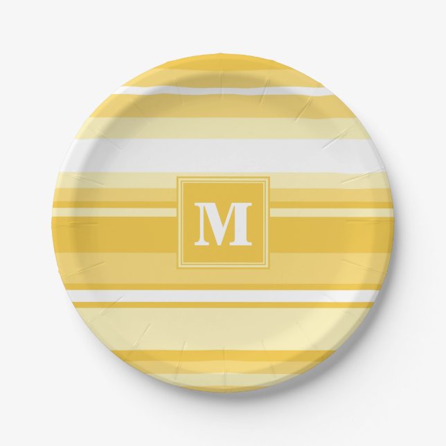 Monogram yellow stripes paper plates (Front)