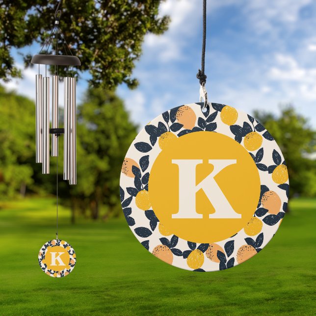 Monogram Yellow Summer Lemon Citrus Pattern Wind Chime (Outdoor)