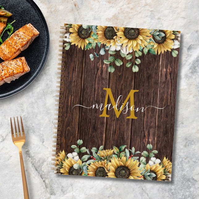 Monogram Yellow Sunflower Brown Wood Recipe Book (In situ)