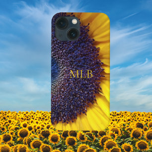 Monogram Yellow Sunflower Closeup with Initials iPhone 15 Case
