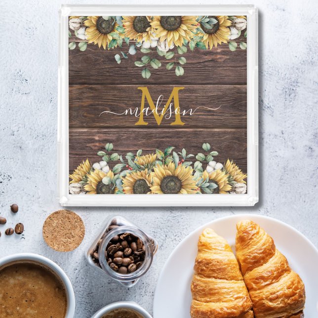 Monogram Yellow Sunflower Eucalyptus Brown Wood Acrylic Tray (In situ)