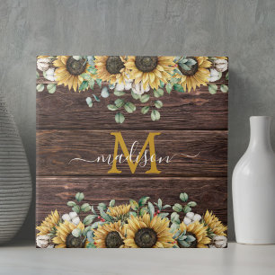 Monogram Yellow Sunflower Eucalyptus Brown Wood Ceramic Tile