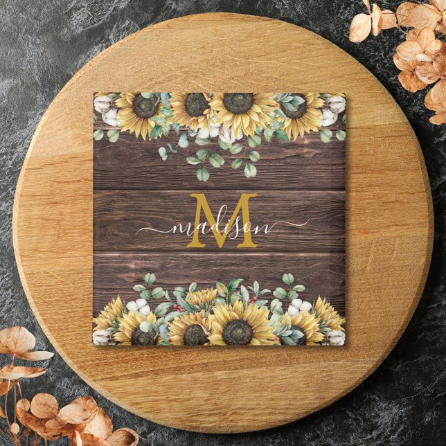 Monogram Yellow Sunflower Eucalyptus Brown Wood Magnet (In situ)