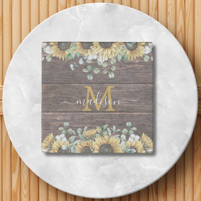 Monogram Yellow Sunflower Eucalyptus Brown Wood Stone Magnet (In situ)
