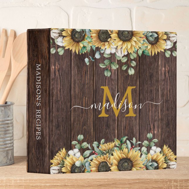 Monogram Yellow Sunflower Eucalyptus Wood Recipe 3 Ring Binder (In situ)