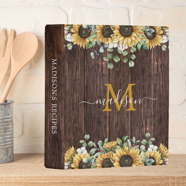Monogram Yellow Sunflower Eucalyptus Wood Recipe Mini Binder (In situ)