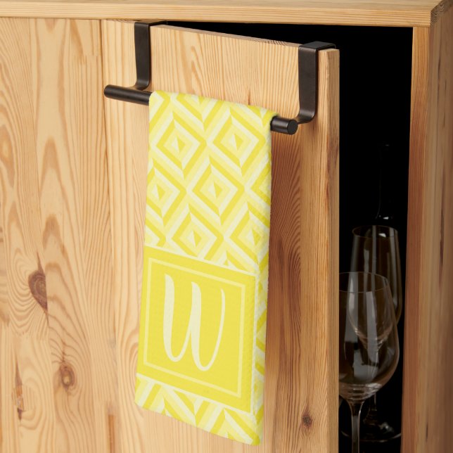 Monogram Yellow Three-Tone Diamond Pattern Kitchen Towel (Thirds Fold)