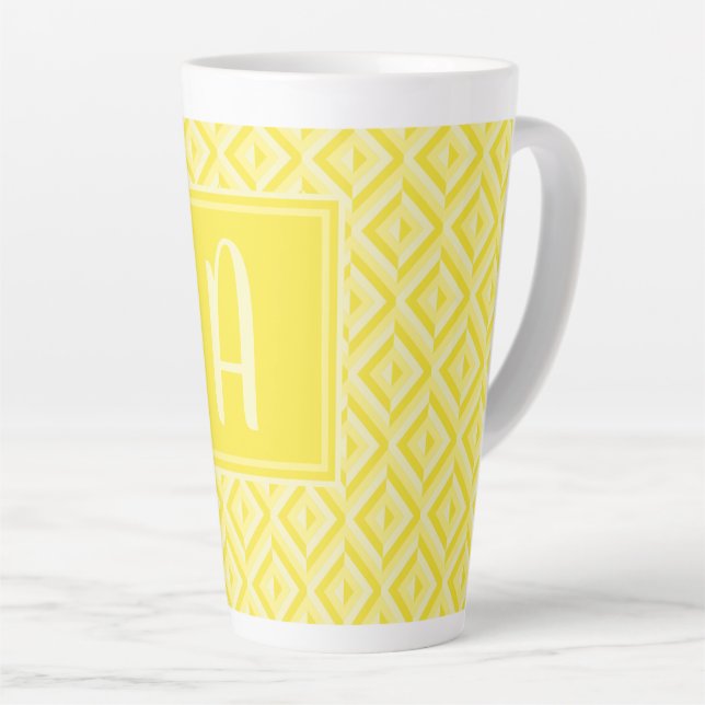 Monogram Yellow Three-Tone Diamond pattern Latte Mug (Right Angle)