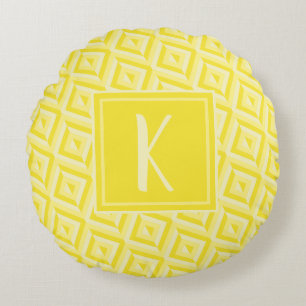Monogram Yellow Three-Tone Diamond Pattern Round Pillow