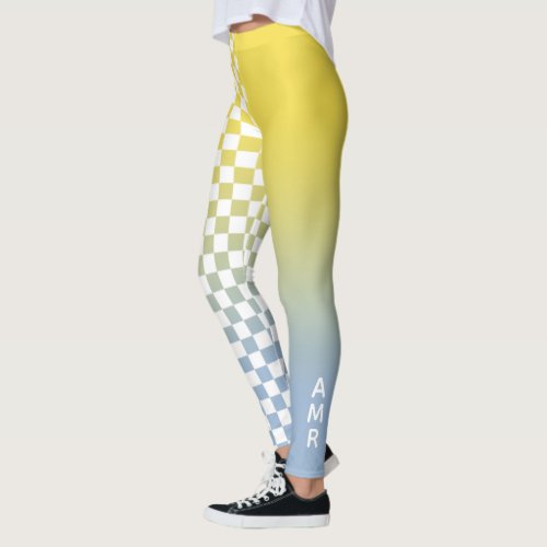 Monogram Yellow to Blue Gradient Checkered Pattern Leggings