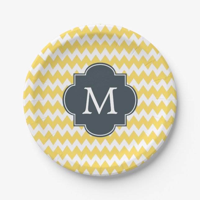 Monogram Yellow, White and Charcoal Chevron Paper Plates (Front)