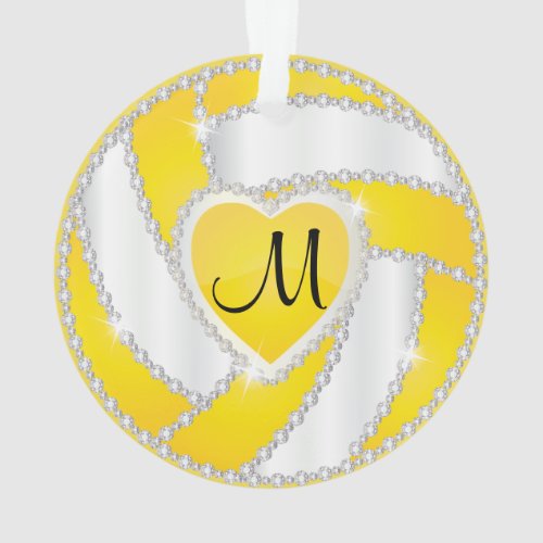 Monogram Yellow  White Diamond Volleyball Ornament