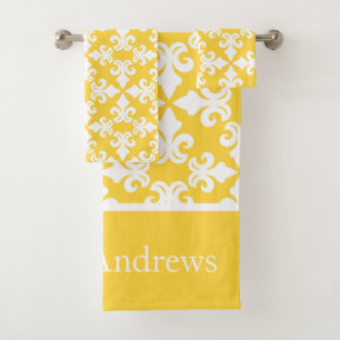 Monogram Yellow White Fleur-de-lis Personalized Bath Towel Set