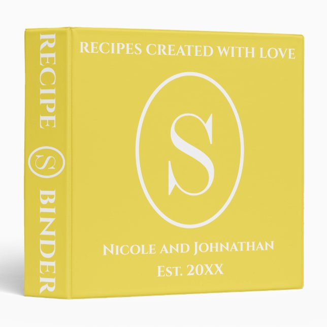 Monogram Yellow White Initial Name Recipe 3 Ring Binder (Front/Spine)