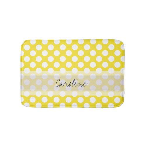 Monogram Yellow White Trendy Fun Polka Dot Pattern Bath Mat