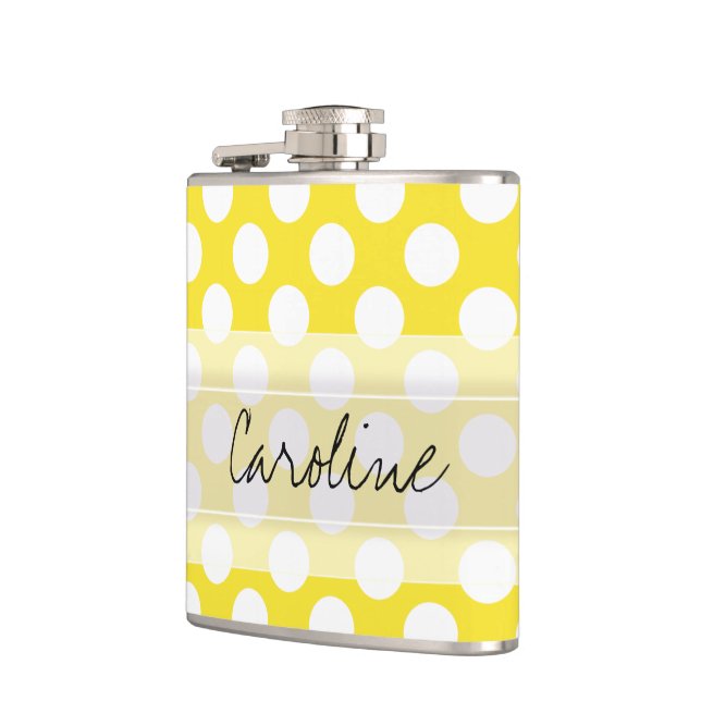 Monogram Yellow White Trendy Fun Polka Dot Pattern Flask (Left)