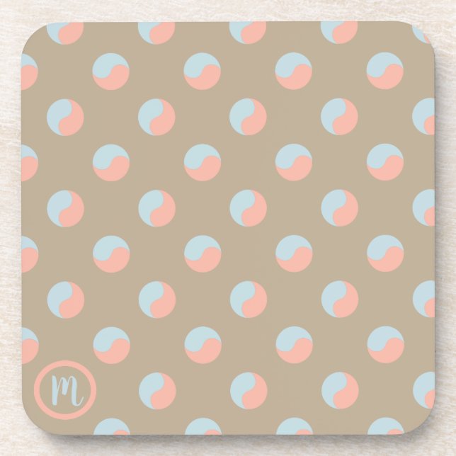 Monogram Yin Yang Zen Symbols Gray, Pink & Teal Beverage Coaster (Front)