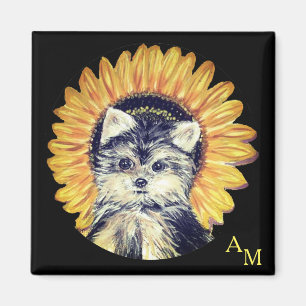 Monogram, Yorkshire Dog & Sunflower on Black Magnet
