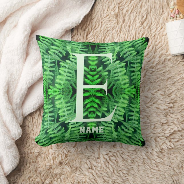 Monogram Your Initial Green Ferns Personalized     Throw Pillow (Blanket)