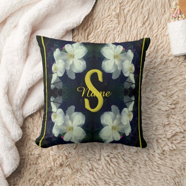 Monogram Your Initial Name Clematis Floral Art Throw Pillow (Blanket)