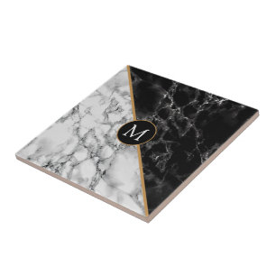 Monogram Your Letter Faux Black White Marble Tile