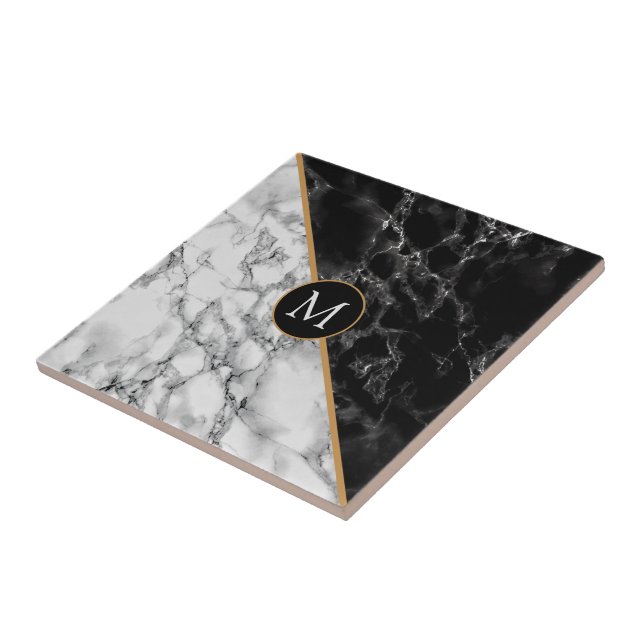 Monogram Your Letter Faux Black White Marble Tile (Side)