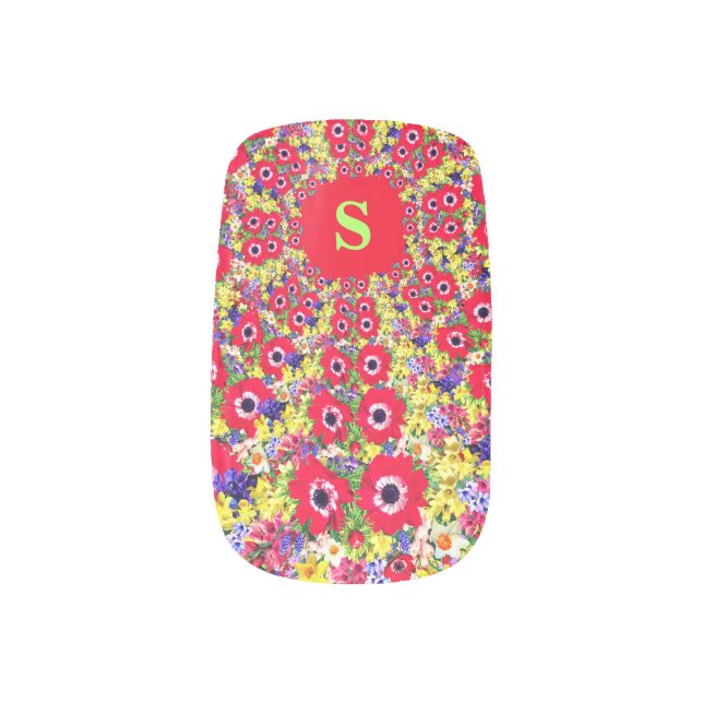 Monogram Your Letter Nail Art with Red Flowers  (Left Thumb)