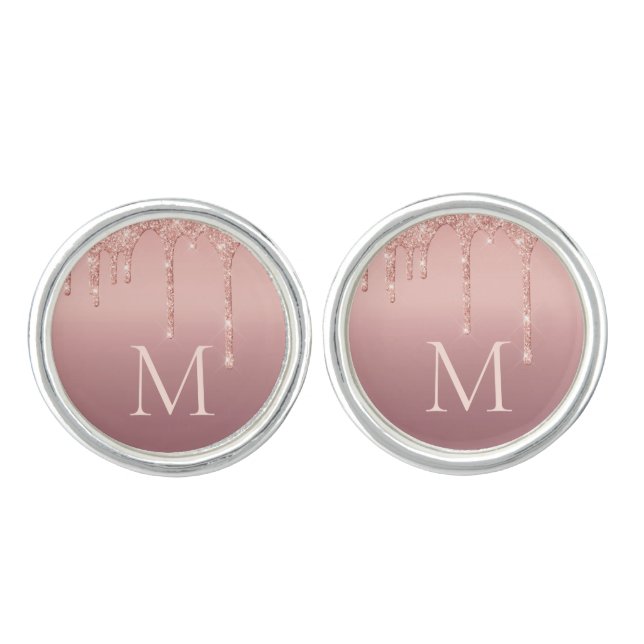 Monogram Your Letter Rose Gold Glitter Cufflinks (Front)
