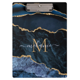 Monogram Your Name Navy Blue Gold Marble Clipboard