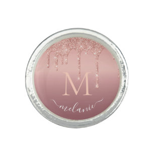 Monogram Your Name Rose Gold Blush Glitter Ring