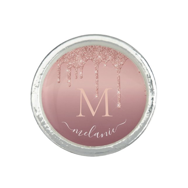 Monogram Your Name Rose Gold Blush Glitter Ring (Front)