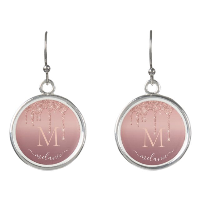 Monogram Your Name Rose Gold Blush Glitter Sparkle Earrings (Front)