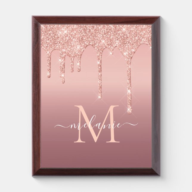 Monogram Your Name Rose Gold Glitter Award Plaque (Vertical)