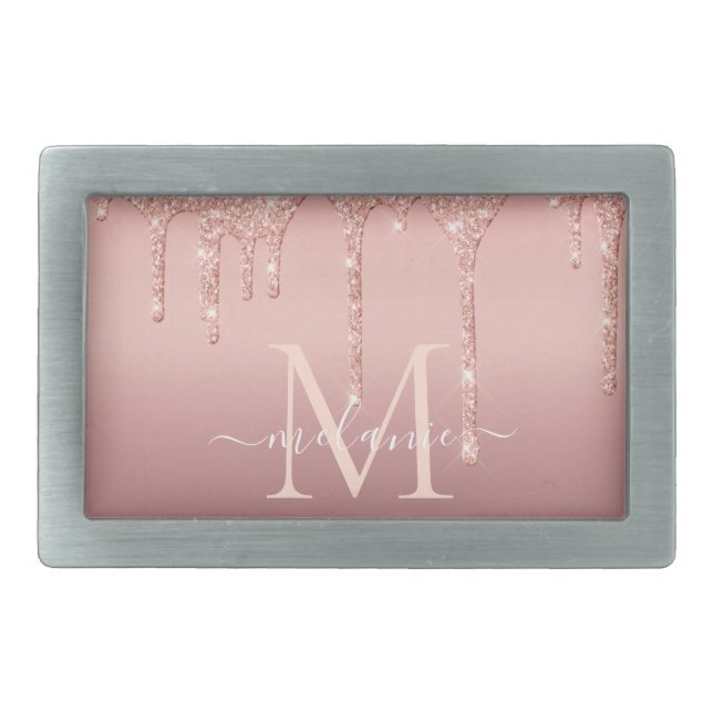 Monogram Your Name Rose Gold Glitter Belt Buckle (Front)