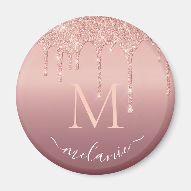 Monogram Your Name Rose Gold Glitter Magnet (Front)