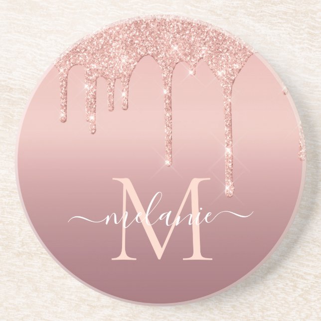 Monogram Your Name Text Rose Gold Glitter Coaster (Front)