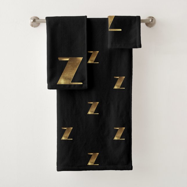 Monogram Z Black and Gold Look Elegant Typography Bath Towel Set (Insitu)